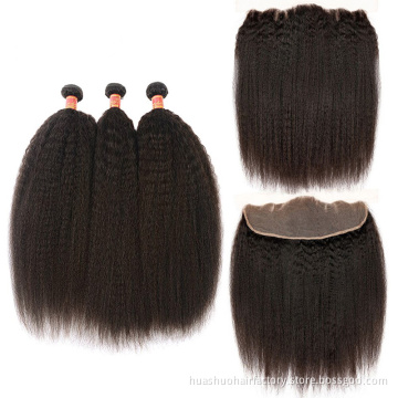 Brazilian Virgin Human Hair Weave Yaki Kinky Straight Wave Bundles With Lace Frontals